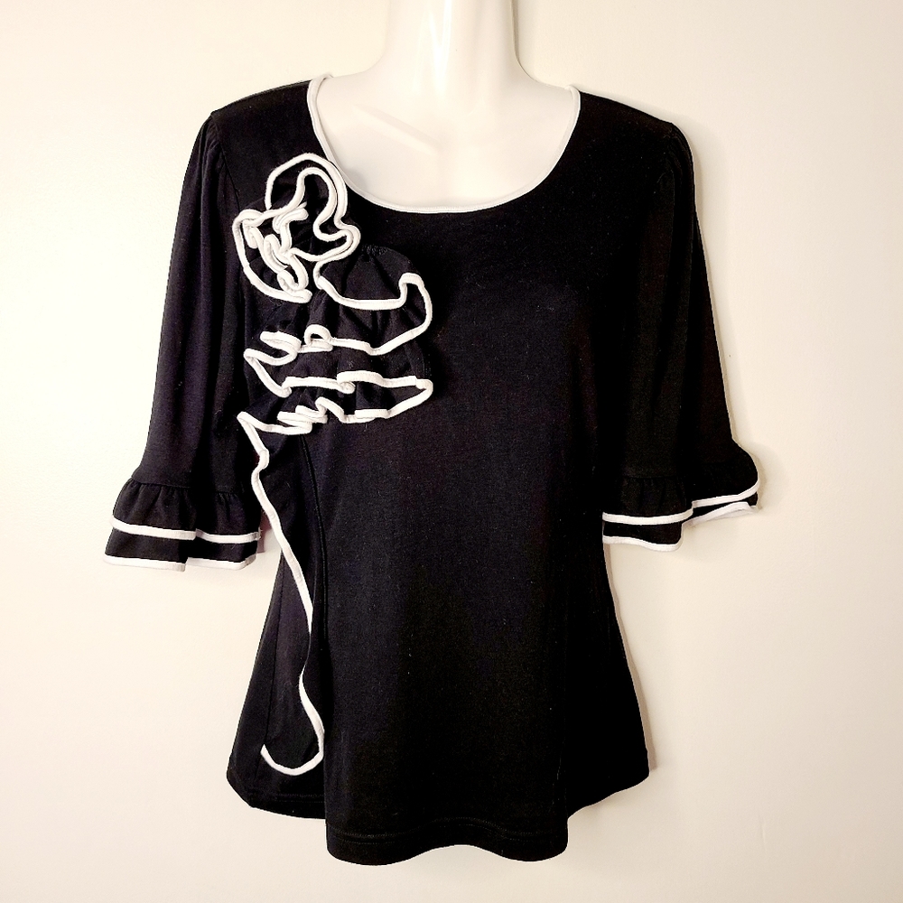 Black Sharon Tang Ruffle Top, Trimmed in White, S